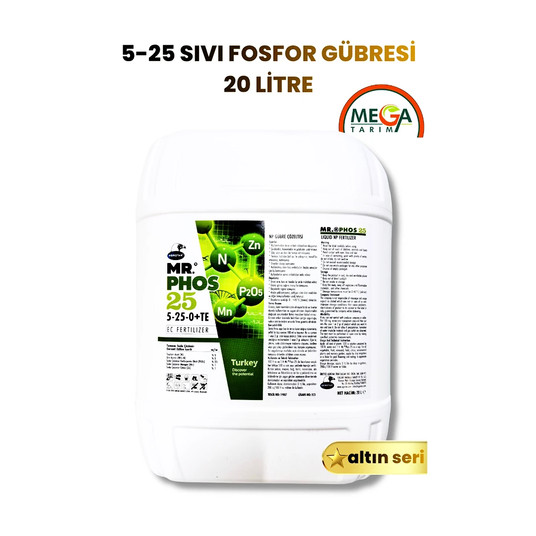 5-25 Sıvı 20 Litre Fosfor Gübresi Özel Üretim Mega Tarım 5-25-0+TE Yüksek Fosforlu Sıvı NP Gübresi