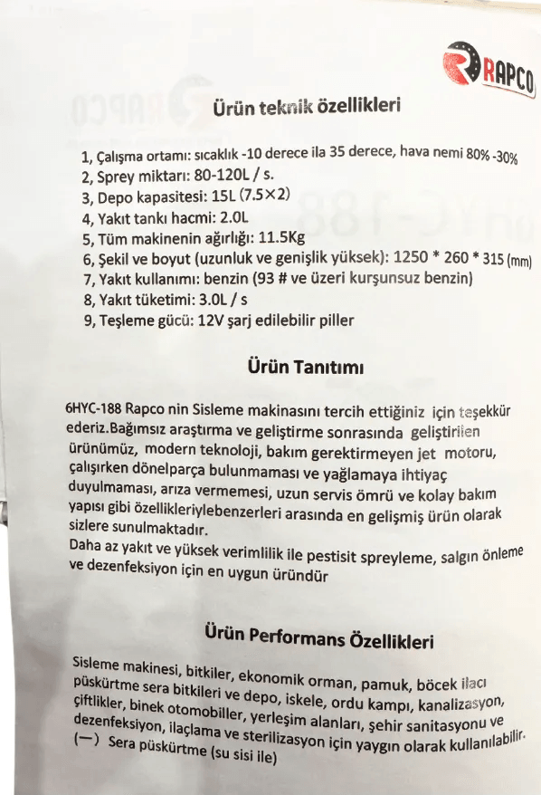 Sisleme Makinesi Kokarca İlaçlama Makinesi Dumanlama Makinesi Rapco 6HYC-188 ULV