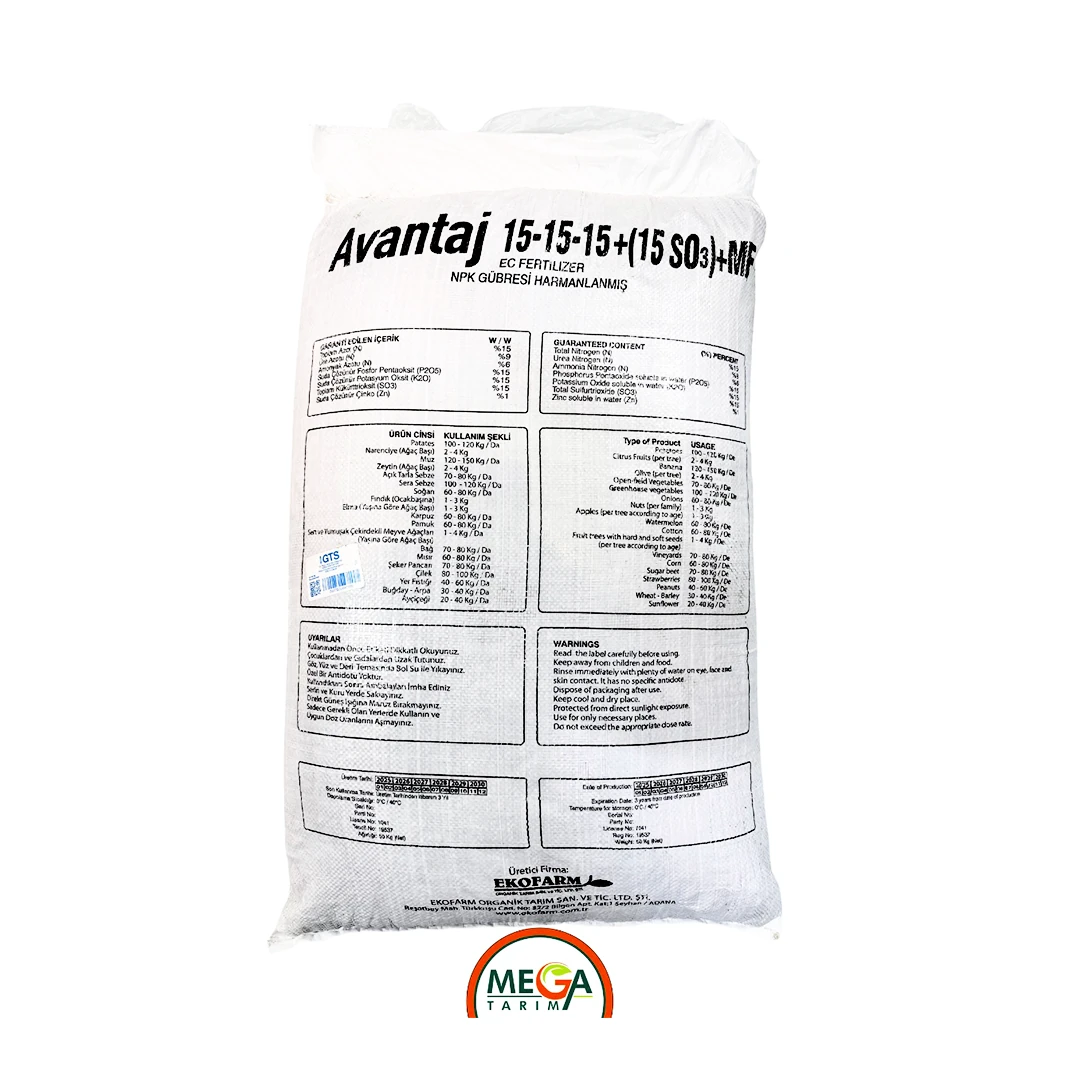 Süper 15.15.15+15 Çinkolu Verim Gübresi Avantaj Ekofarm Mega Tarım 50 kg