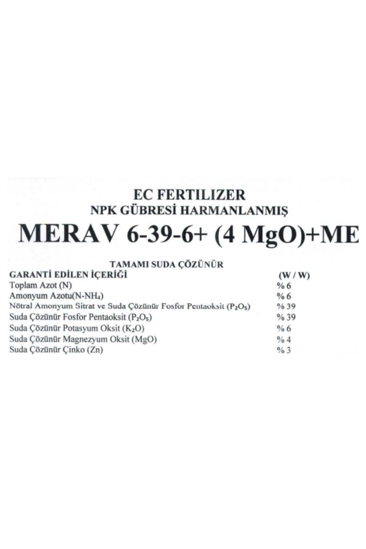 Merav Foliar 6-39-6 + 4(MgO)+ 3 Zn + ME 1 Kg Toz Bitki Coşturan Yaprak Gübresi Hollanda Üretimi