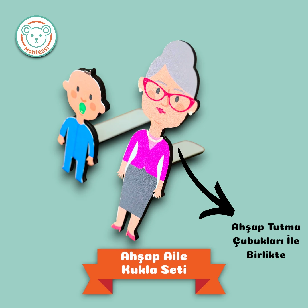Ahşap Aile Kukla Seti-İp Geçirme