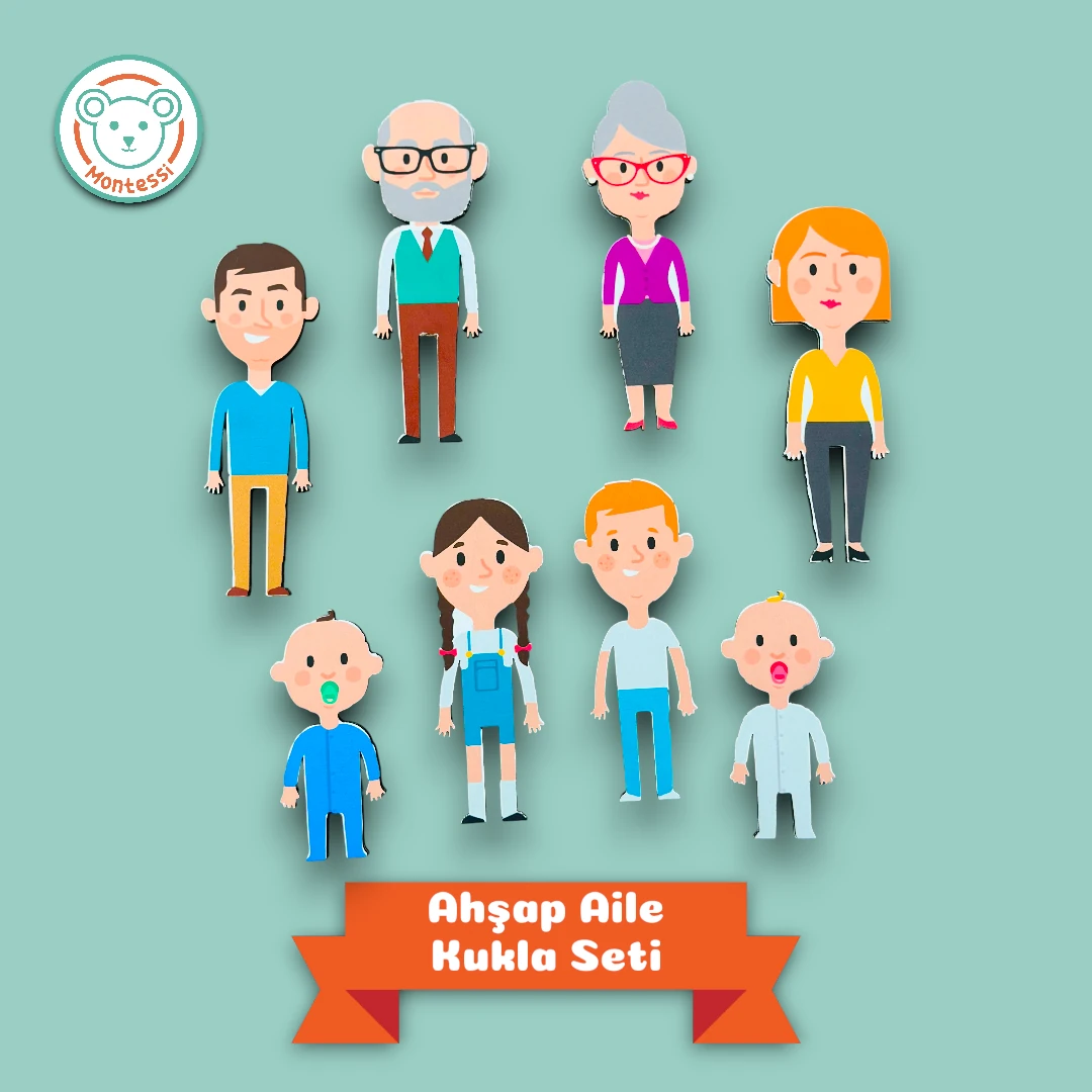 Ahşap Aile Kukla Seti-İp Geçirme