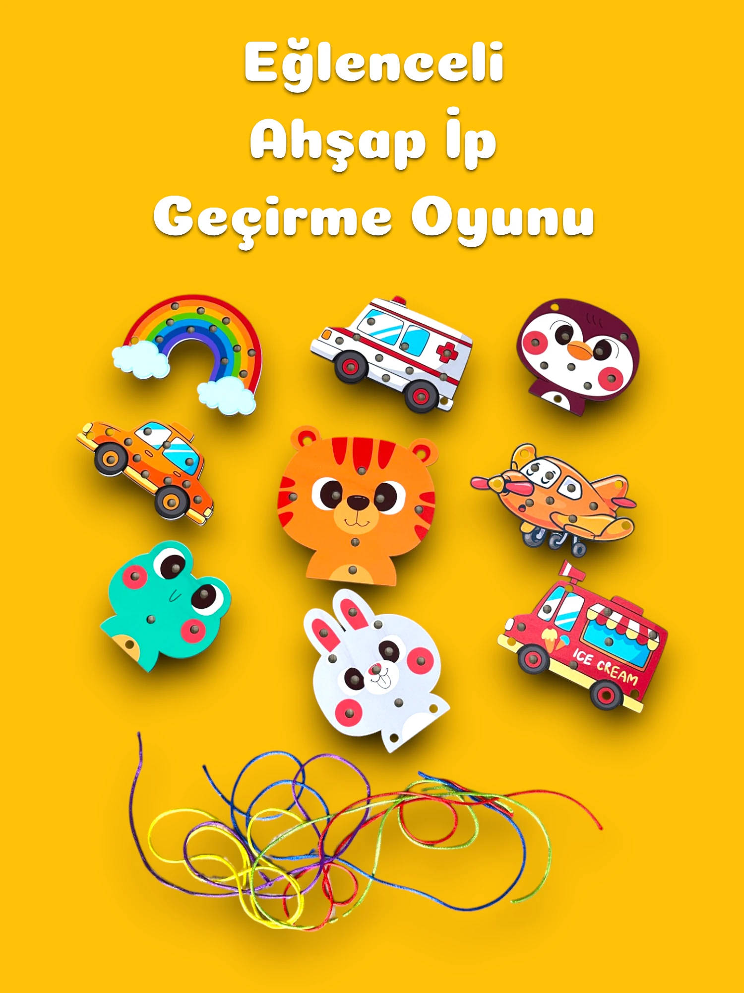 Ahşap Aile Kukla Seti-İp Geçirme