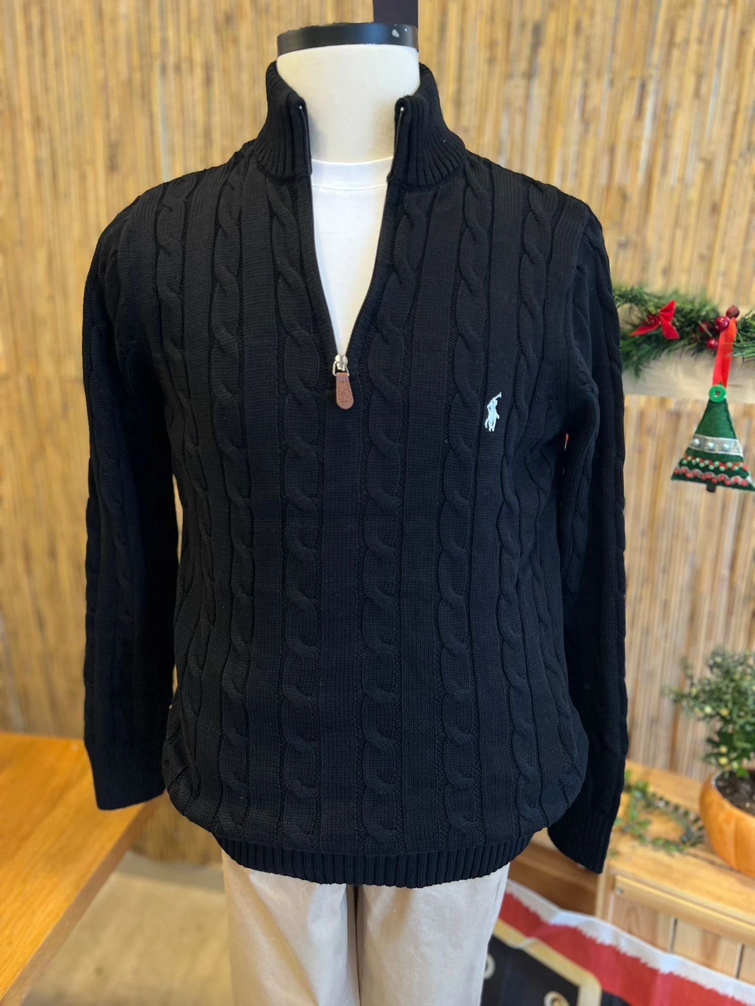 Fermuarlı Yaka Logolu Erkek Siyah Triko