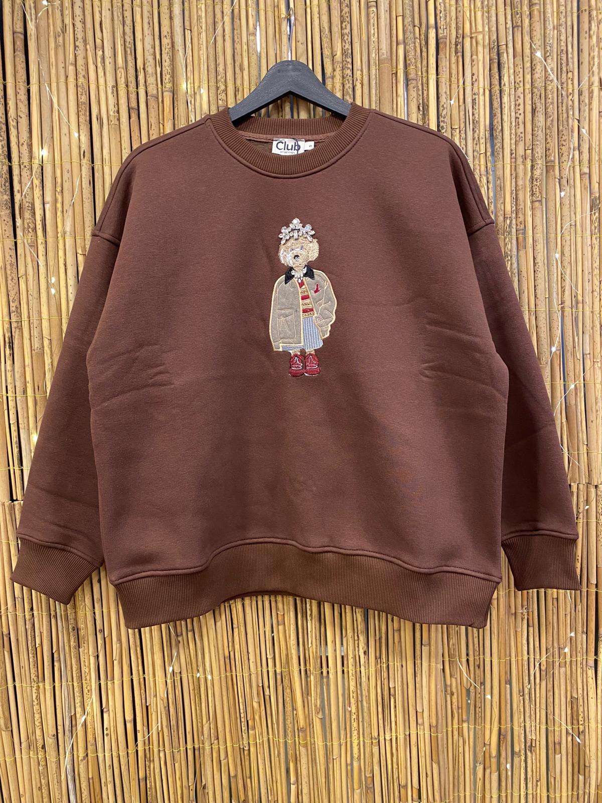 Köpek Nakışlı Sweatshirt Kahverengi