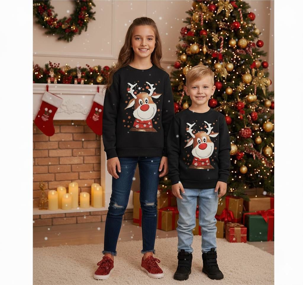 Geyik Baskılı Yılbaşı Lacivert Çocuk Sweatshirt