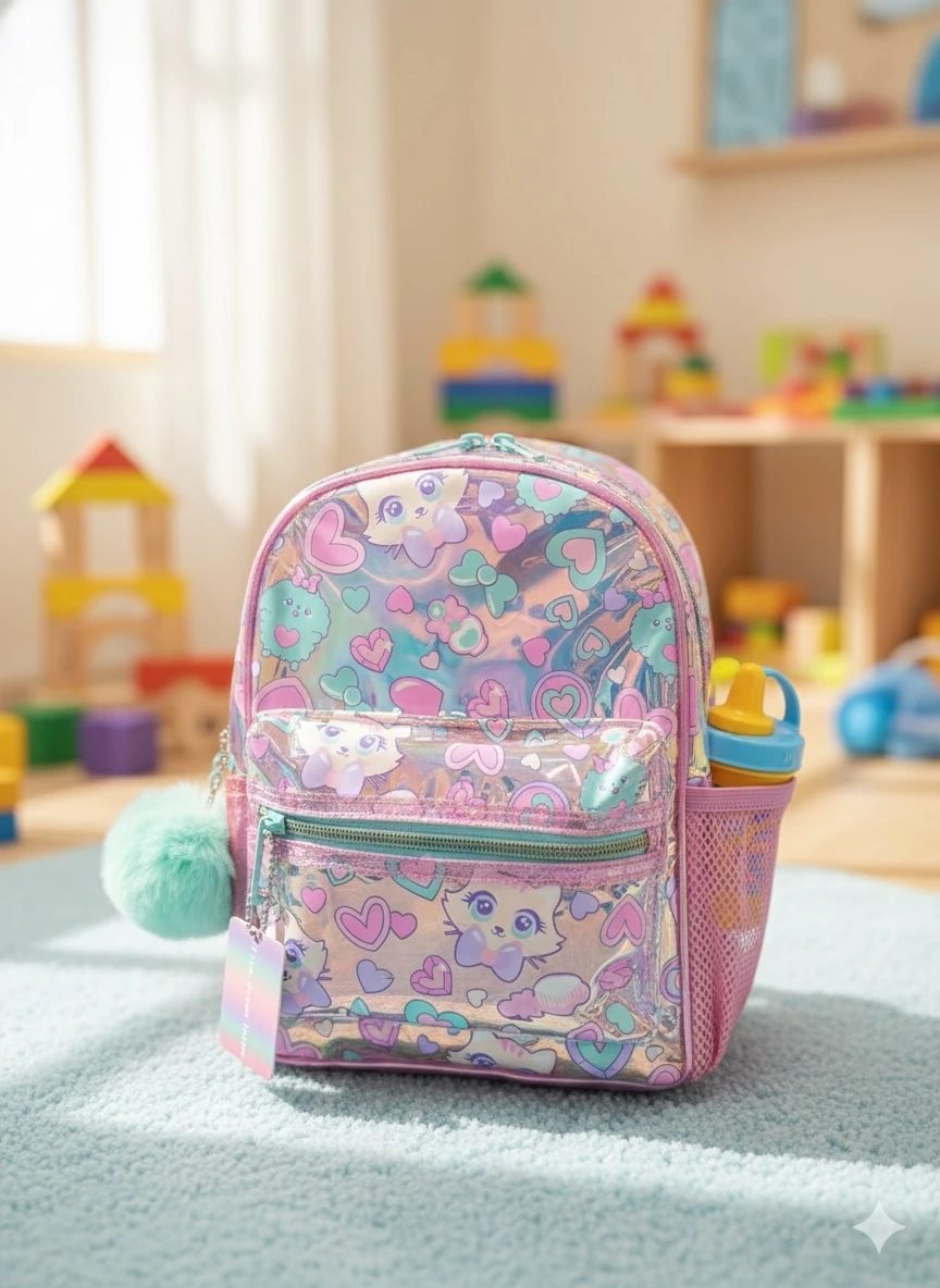 Şeffaf Hologramlı Kedili Sırt Çantası Pembe