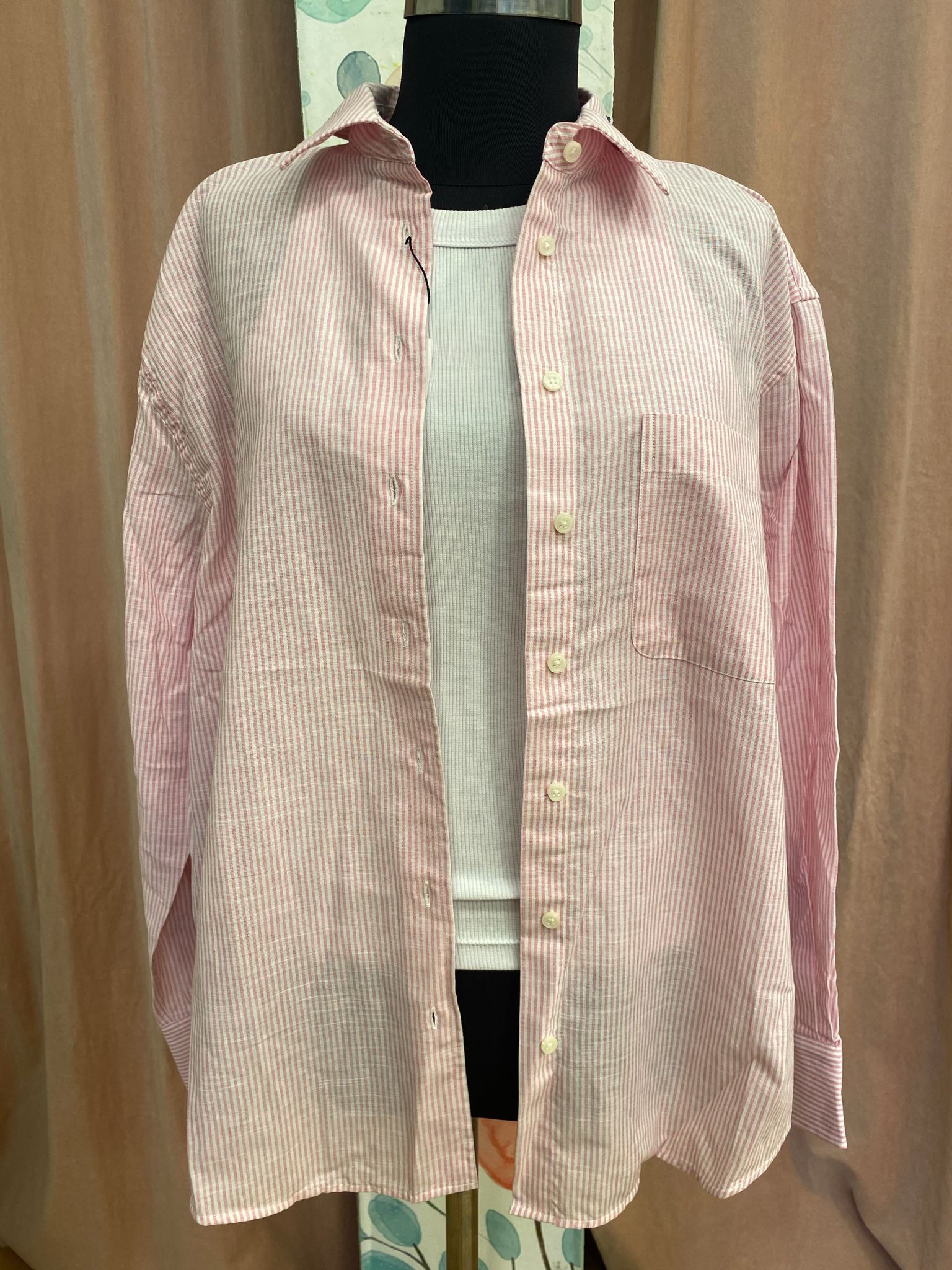 Oversize Çizgili Kadın Gömlek Pembe