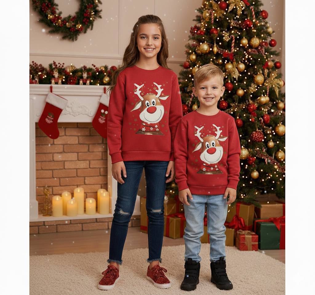 Geyik Baskılı Yılbaşı Kırmızı Çocuk Sweatshirt