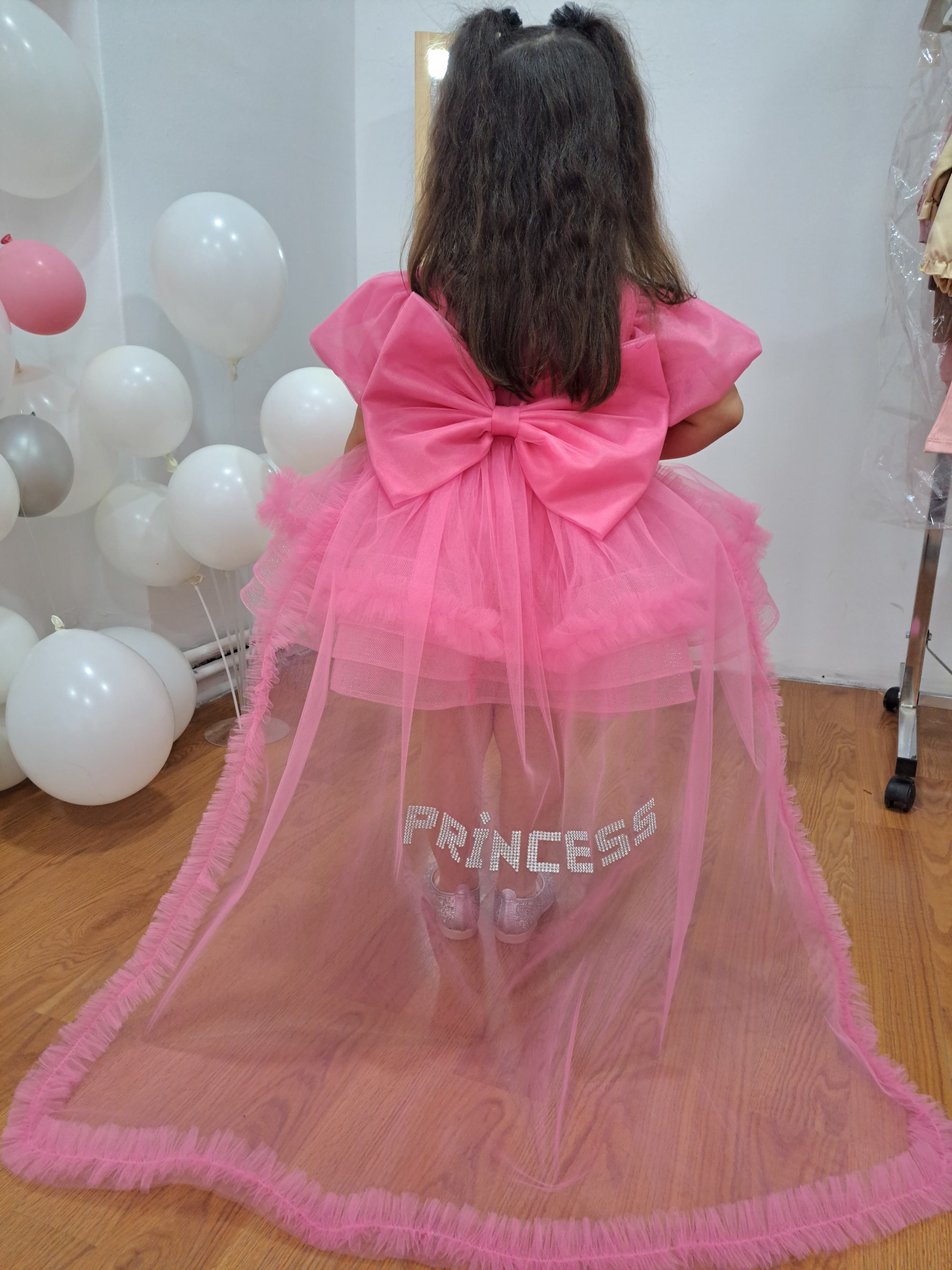 prenses yazılı pembe abiye elbise