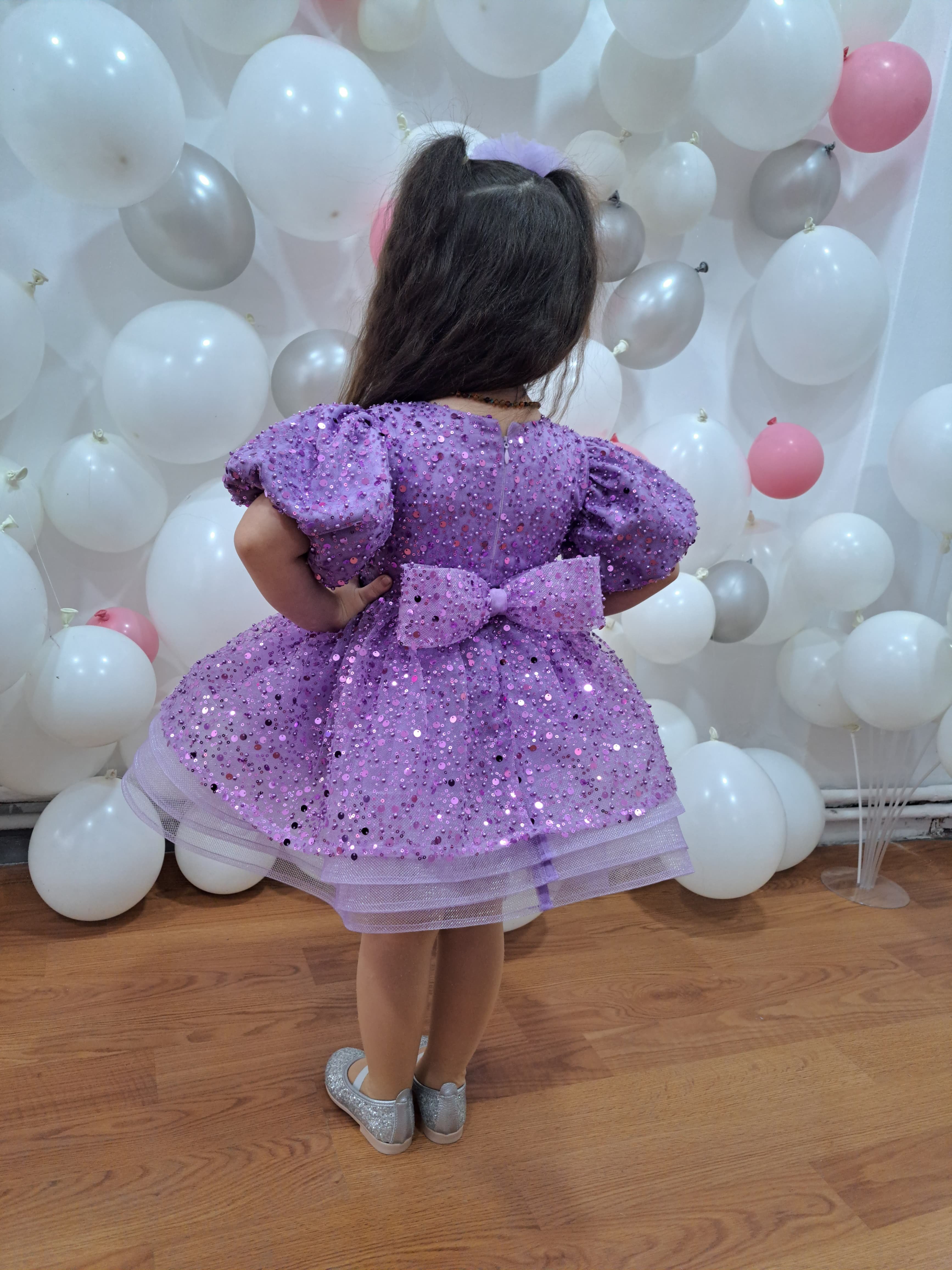 lila balon kol abiye elbise