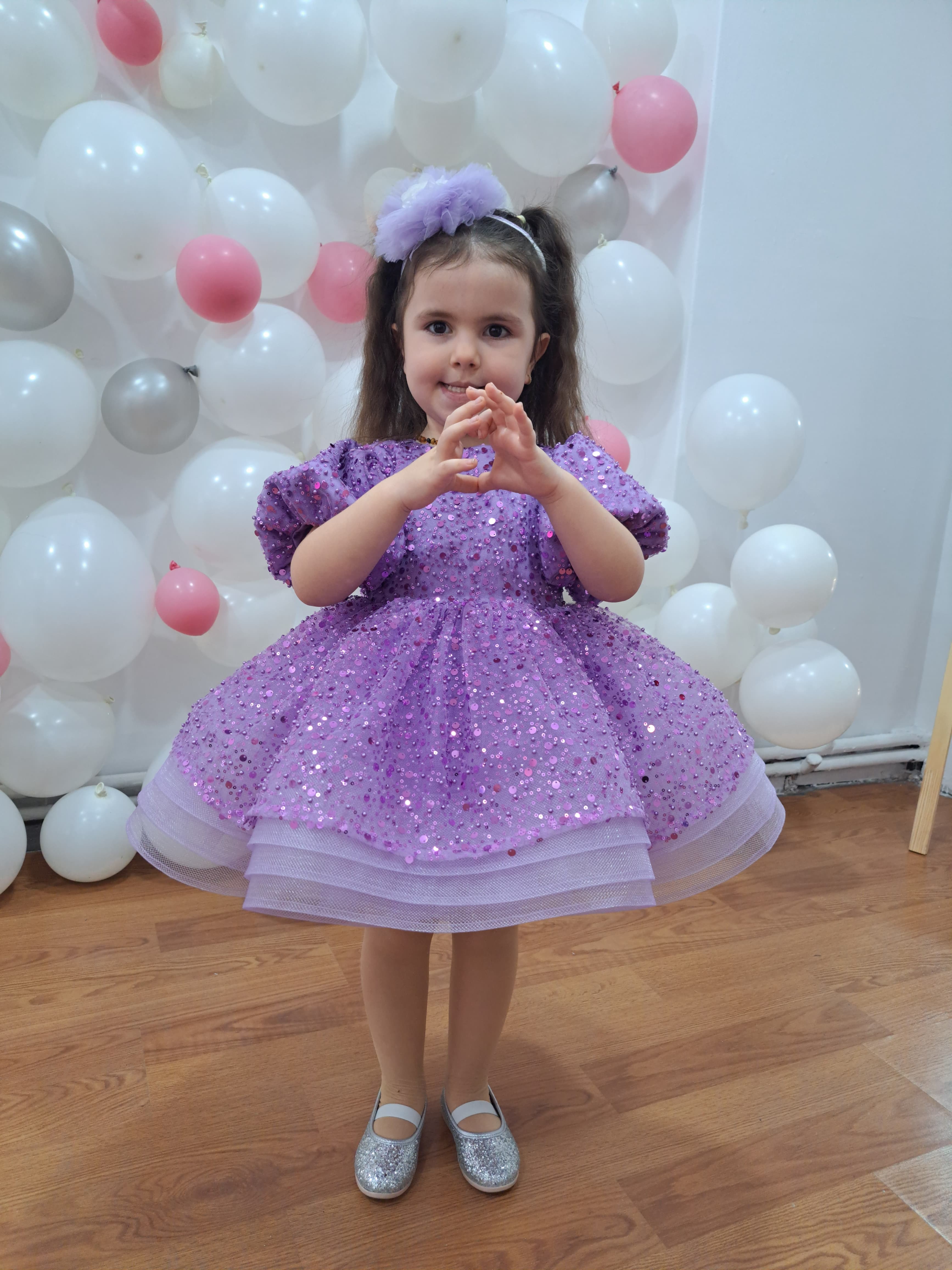 lila balon kol abiye elbise