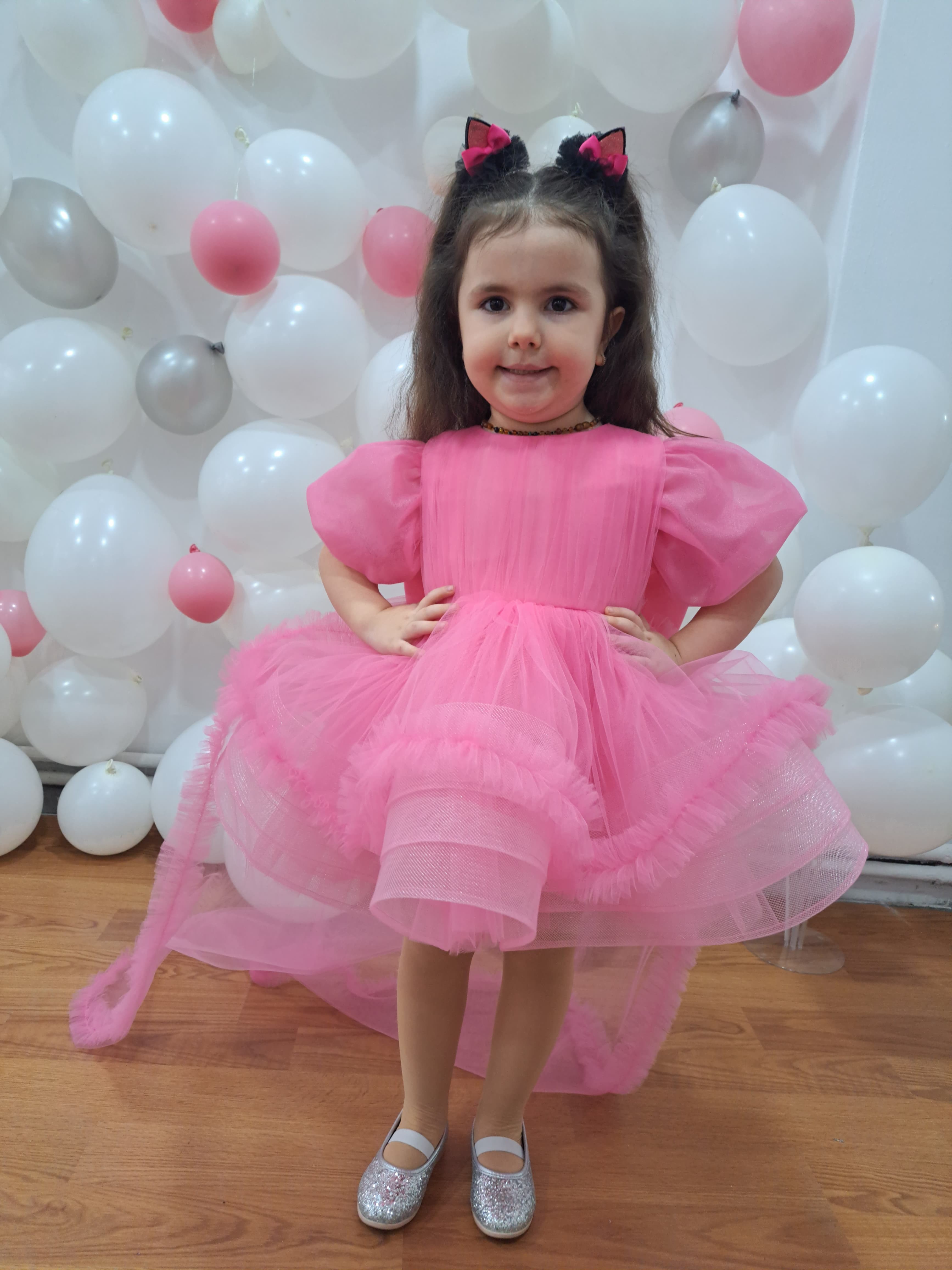prenses yazılı pembe abiye elbise