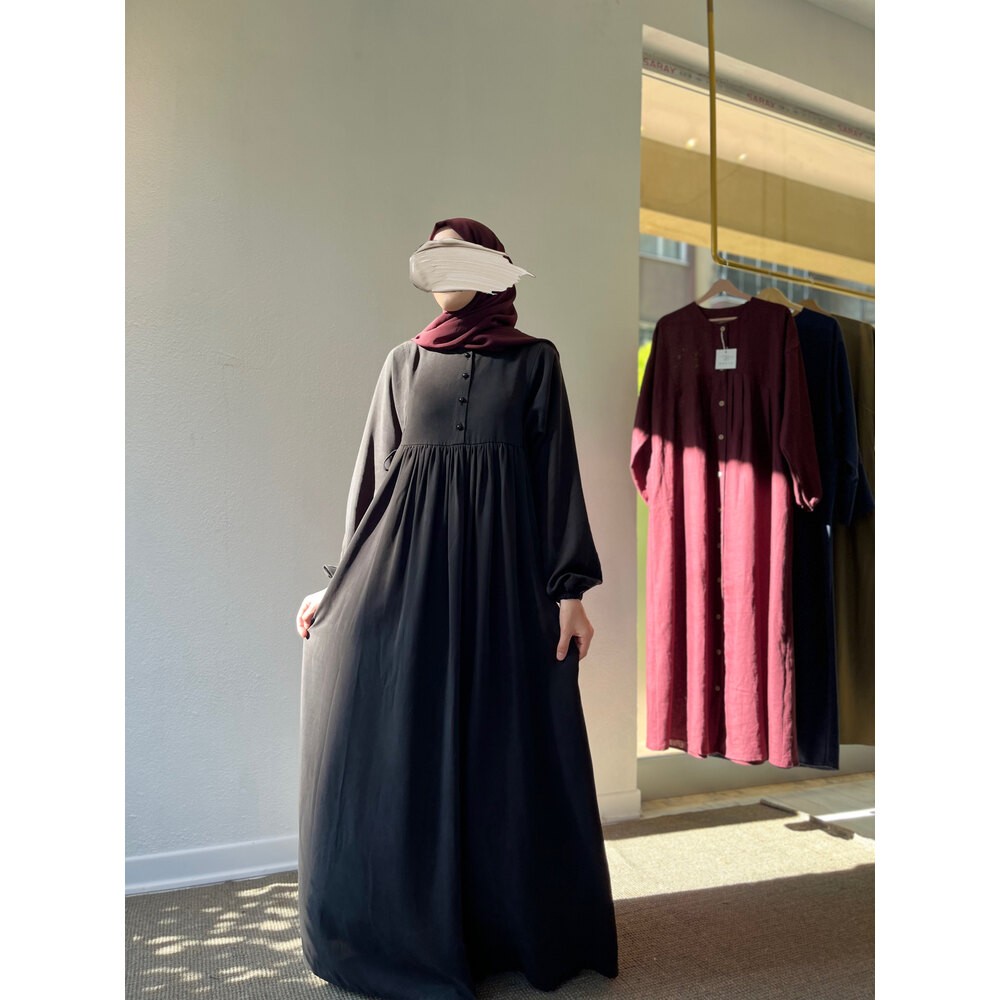 Siyah %100 Tencel Yandan Bağcıklı Elbise