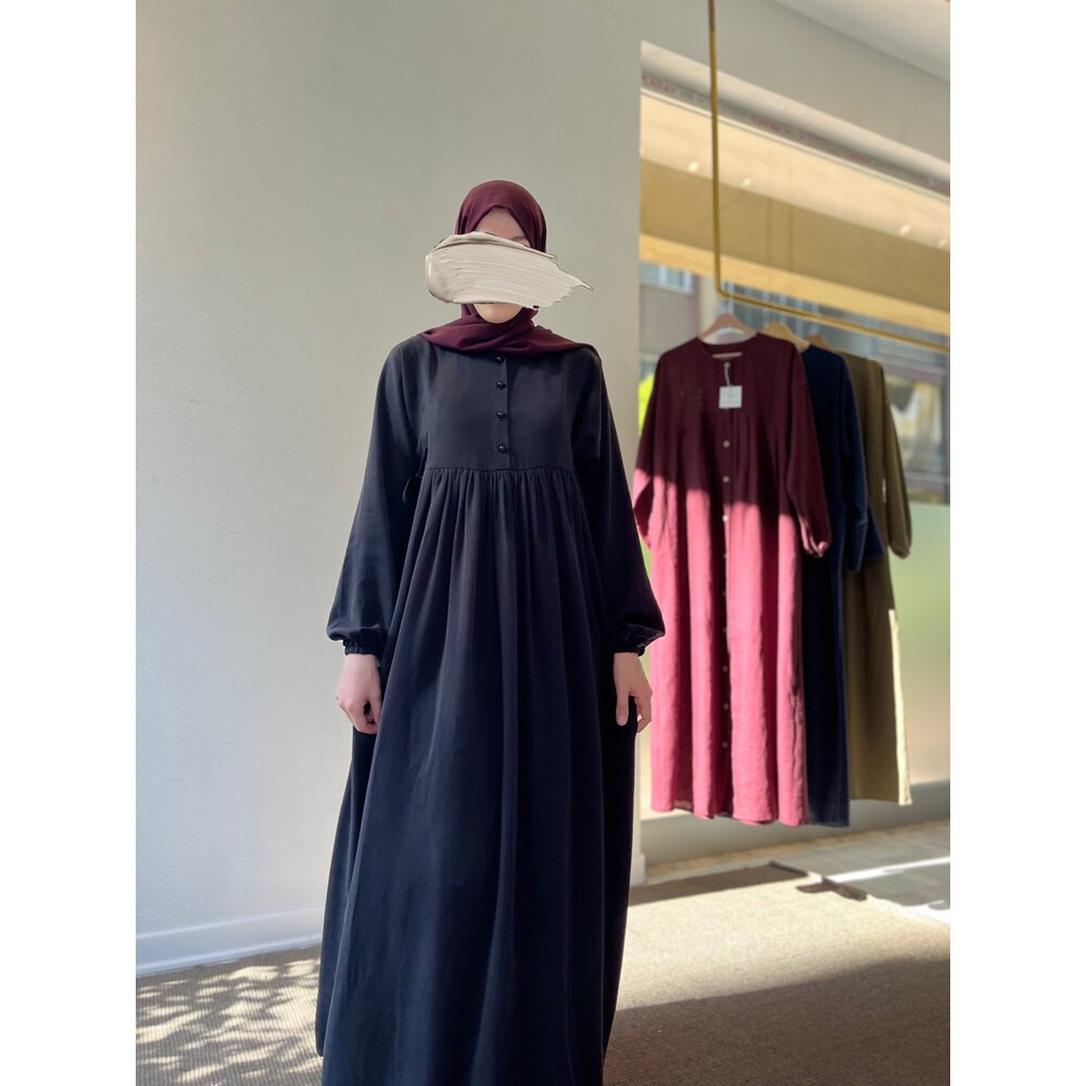 Siyah %100 Tencel Yandan Bağcıklı Elbise