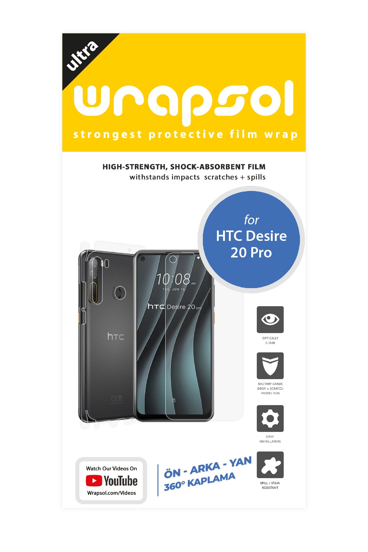 HTC Desire 20 Pro - Fullbody Koruyucu Parlak Şeffaf Poliüretan Film (150 micron)