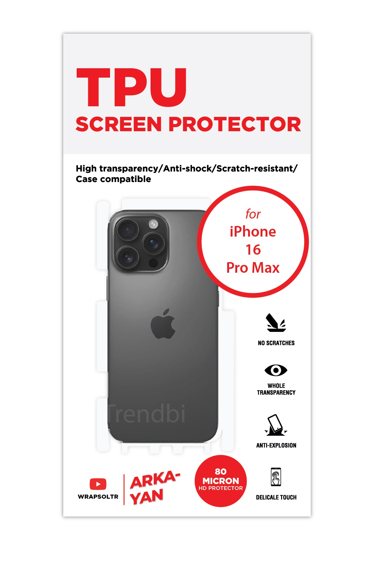 iPhone 16 Pro Max - Arka/Yan Koruyucu Parlak Şeffaf TPU Film (80 micron)