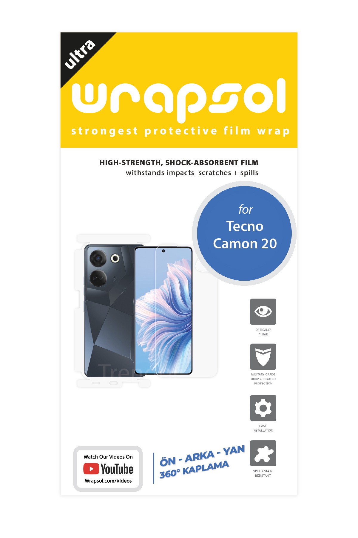 Tecno Camon 20 - Fullbody Koruyucu Parlak Şeffaf Poliüretan Film (150 micron)