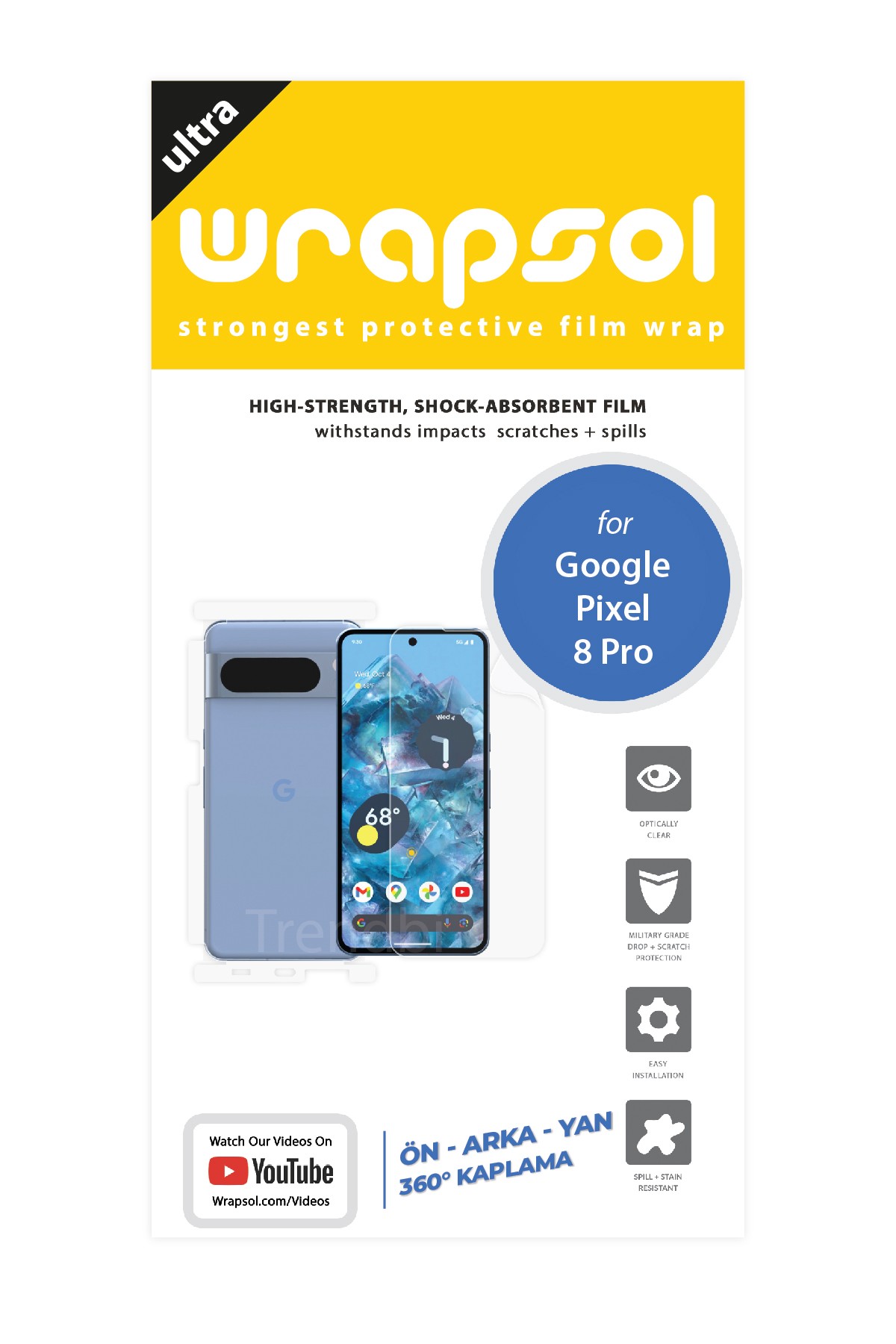 Google Pixel 8 Pro - Fullbody Koruyucu Parlak Şeffaf Poliüretan Film (150 micron)