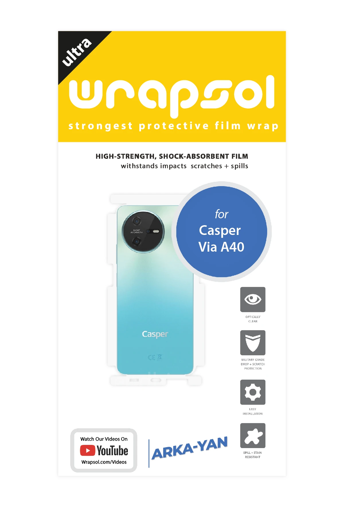 Casper Via A40 - Arka/Yan Koruyucu Parlak Şeffaf Poliüretan Film (150 micron)