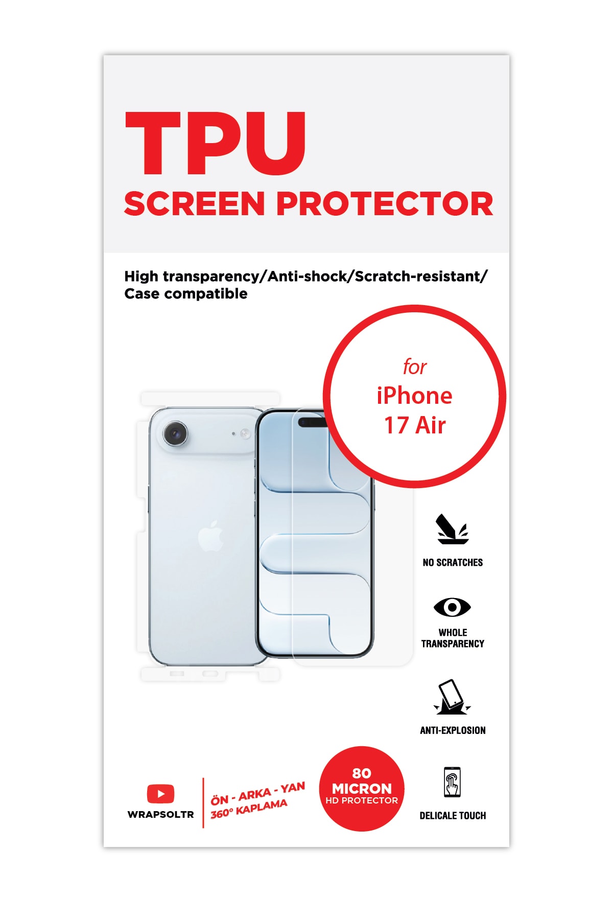 iPhone 17 Air - Fullbody Koruyucu Parlak Şeffaf TPU Film (80 micron)