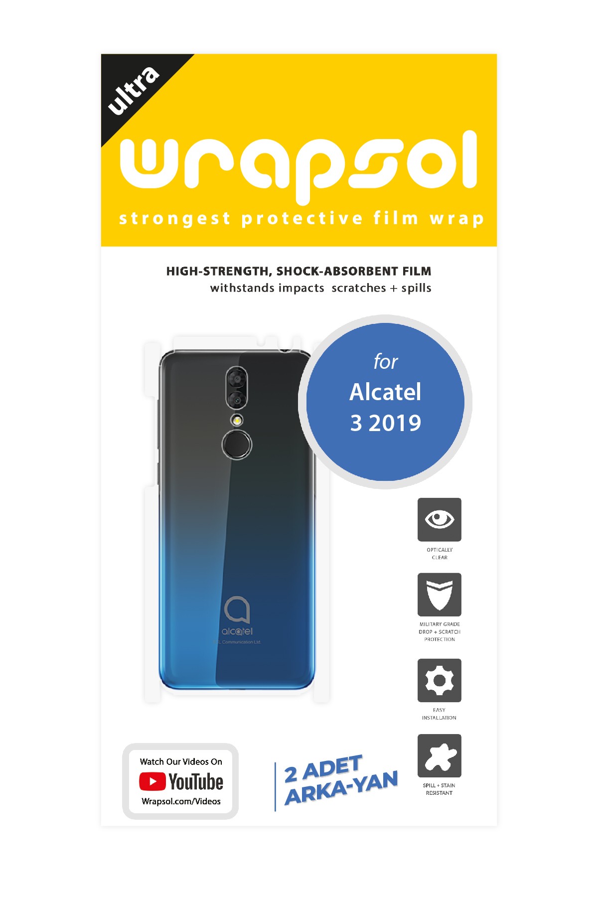 Alcatel 3 2019 - Arka/Yan Koruyucu Parlak Şeffaf Poliüretan Film (150 micron)