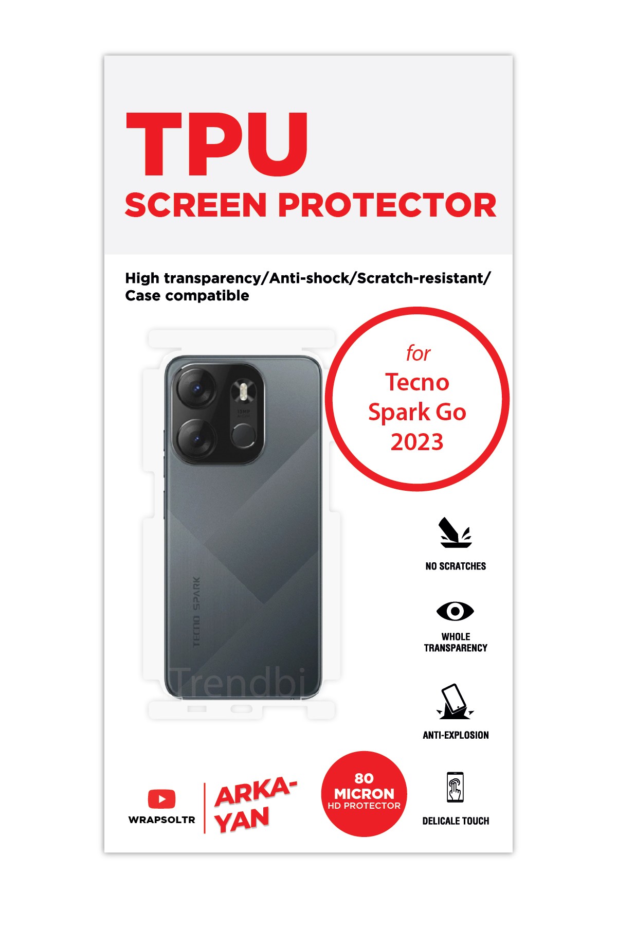 Tecno Spark Go 2023 - Arka/Yan Koruyucu Parlak Şeffaf TPU Film (80 micron)
