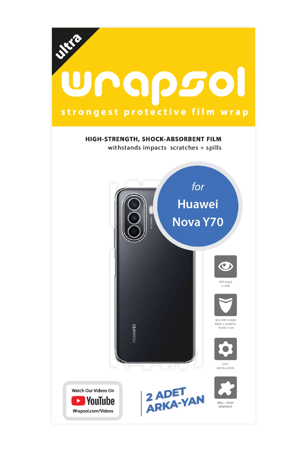 Huawei Nova Y70 - Arka/Yan Koruyucu Parlak Şeffaf Poliüretan Film (150 micron)