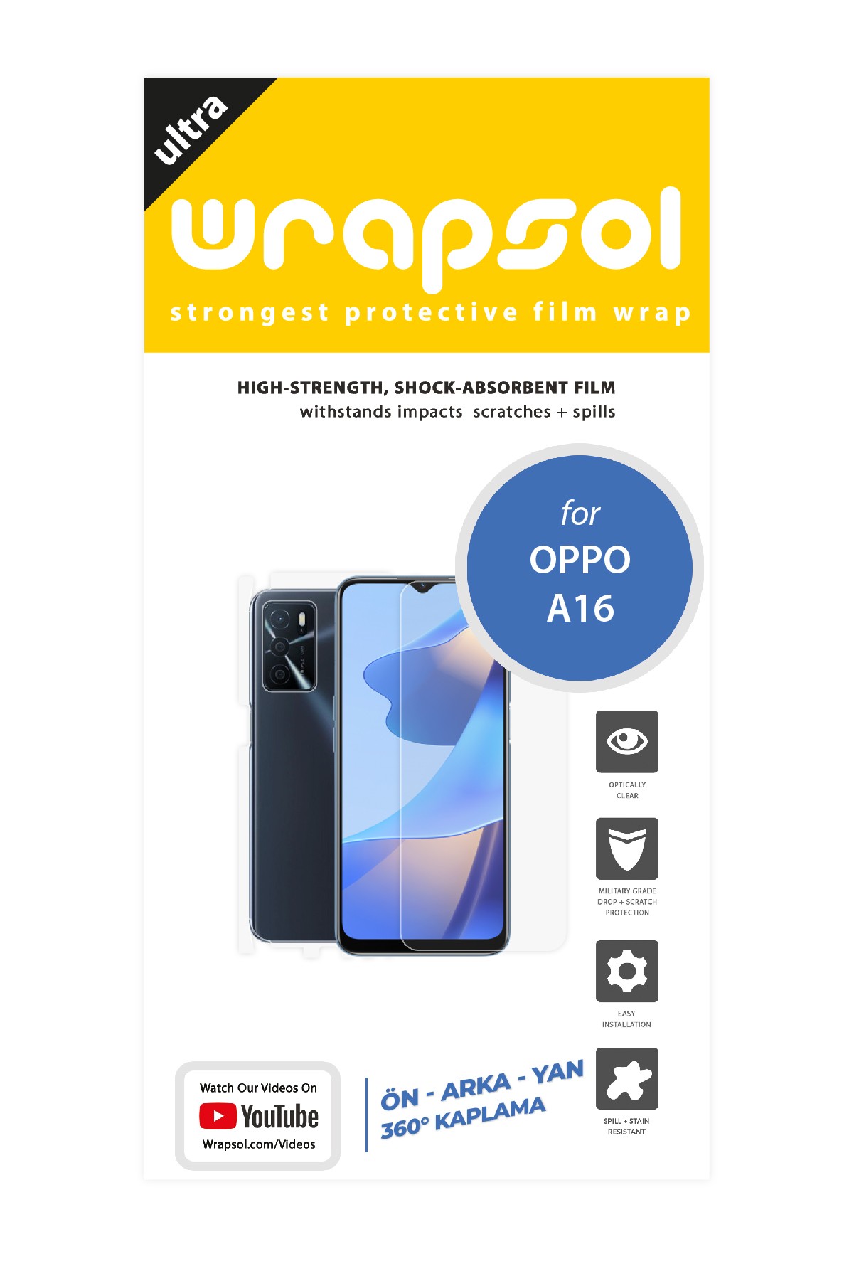 Oppo A16 - Fullbody Koruyucu Parlak Şeffaf Poliüretan Film (150 micron)