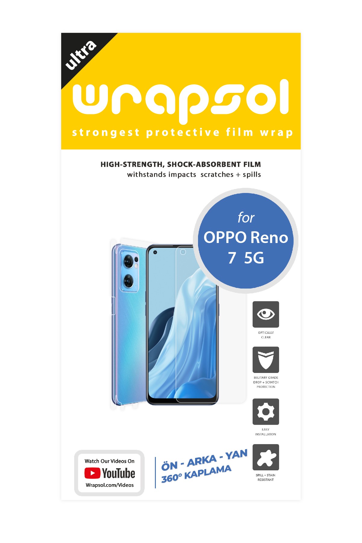 Oppo Reno 7 5G - Fullbody Koruyucu Parlak Şeffaf Poliüretan Film (150 micron)