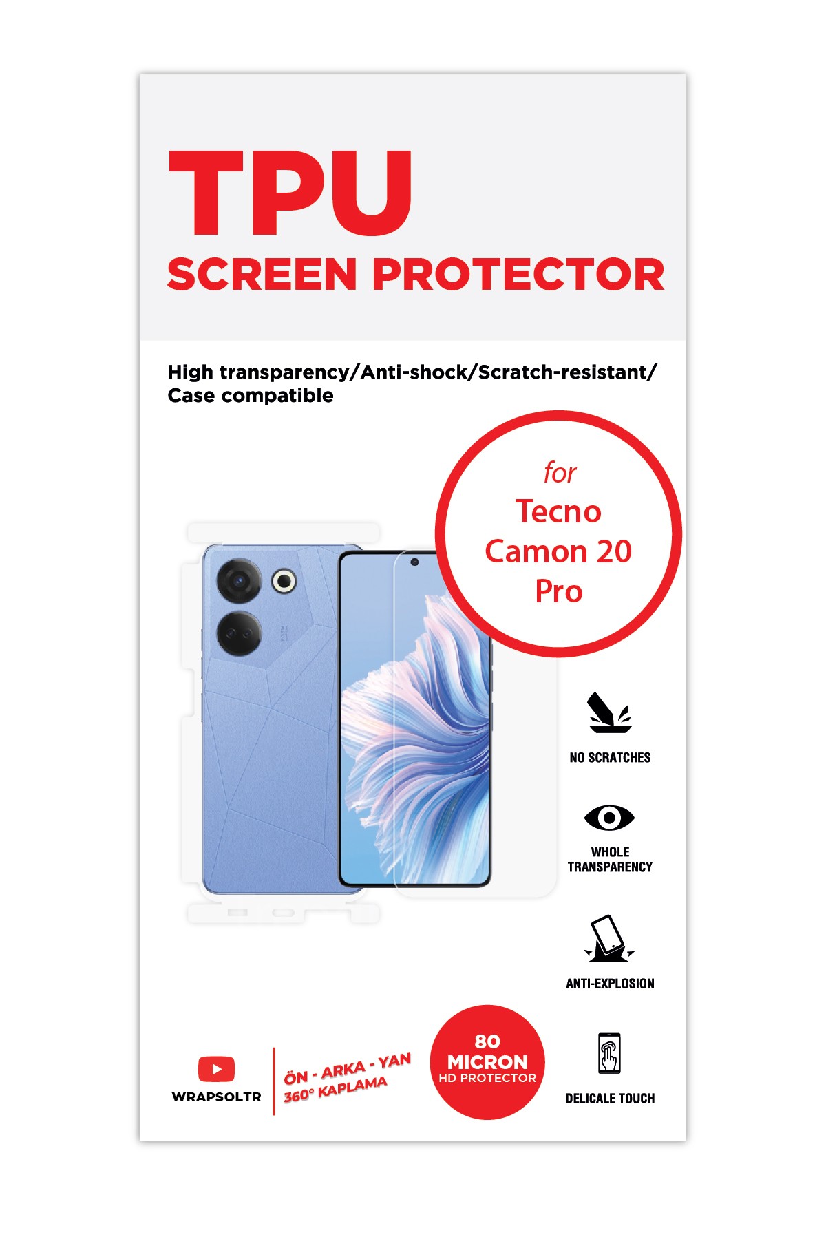 Tecno Camon 20 Pro - Fullbody Koruyucu Parlak Şeffaf TPU Film (80 micron)