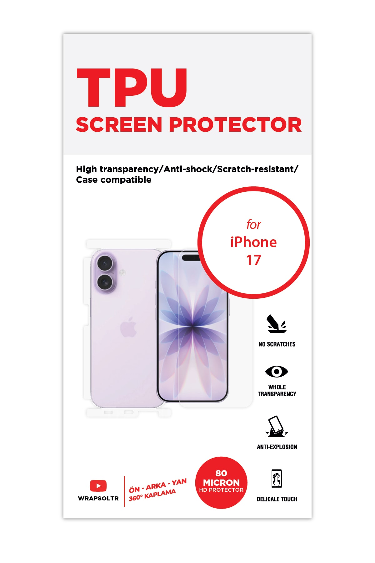 iPhone 17 - Fullbody Koruyucu Parlak Şeffaf TPU Film (80 micron)