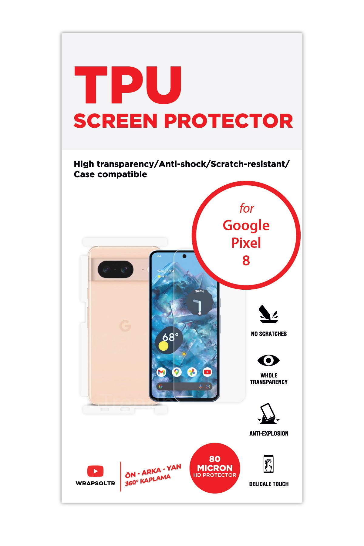Google Pixel 8 - Fullbody Koruyucu Parlak Şeffaf TPU Film (80 micron)