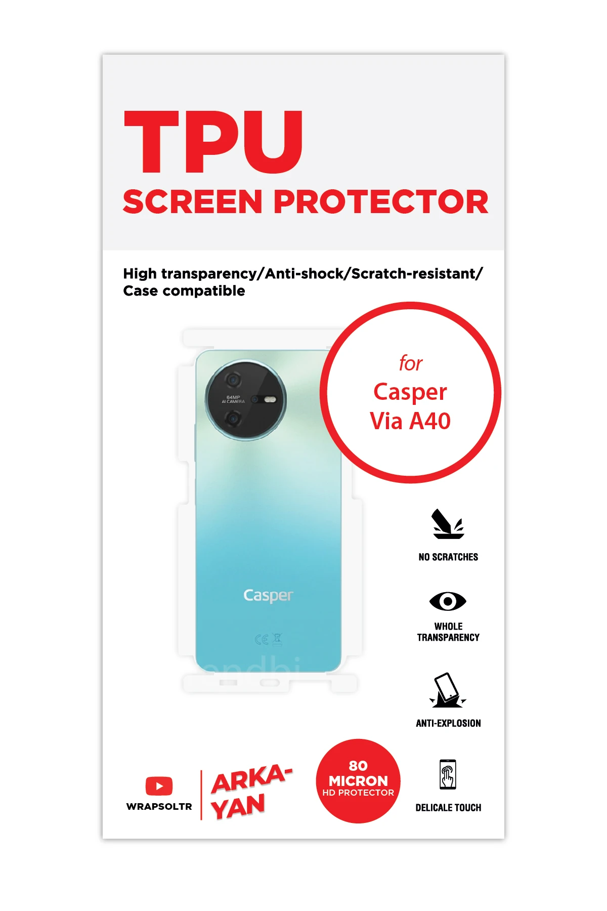 Casper Via A40 - Arka/Yan Koruyucu Parlak Şeffaf TPU Film (80 micron)