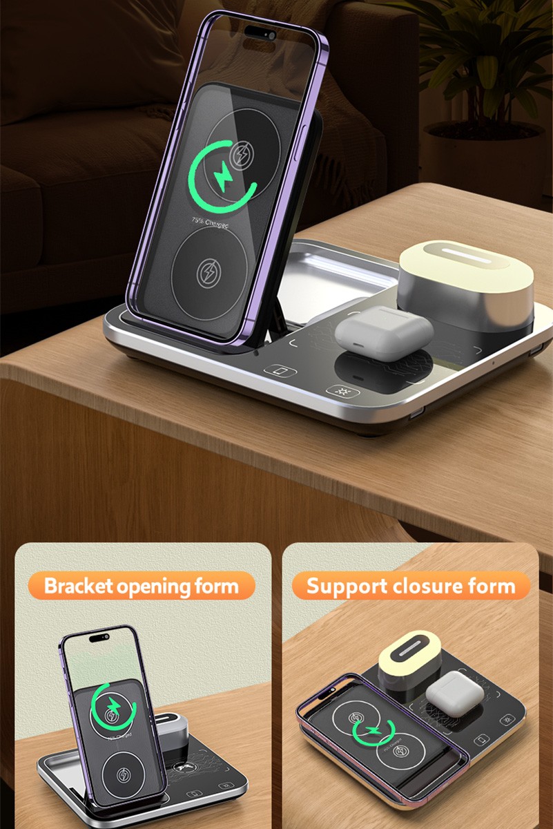 15W Hızlı Wireless Kablosuz Şarj Standı 4 in 1 Masaüstü İstasyon -iPhone-android-watch-airpods Uyumlu