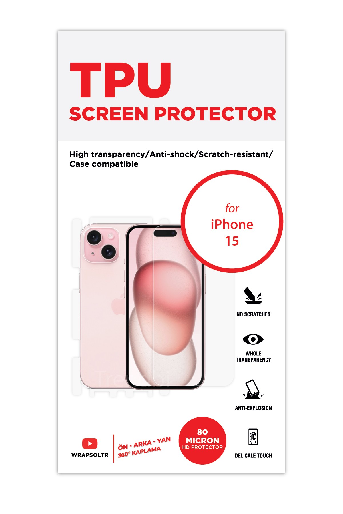 iPhone 15 - Fullbody Koruyucu Parlak Şeffaf TPU Film (80 micron)