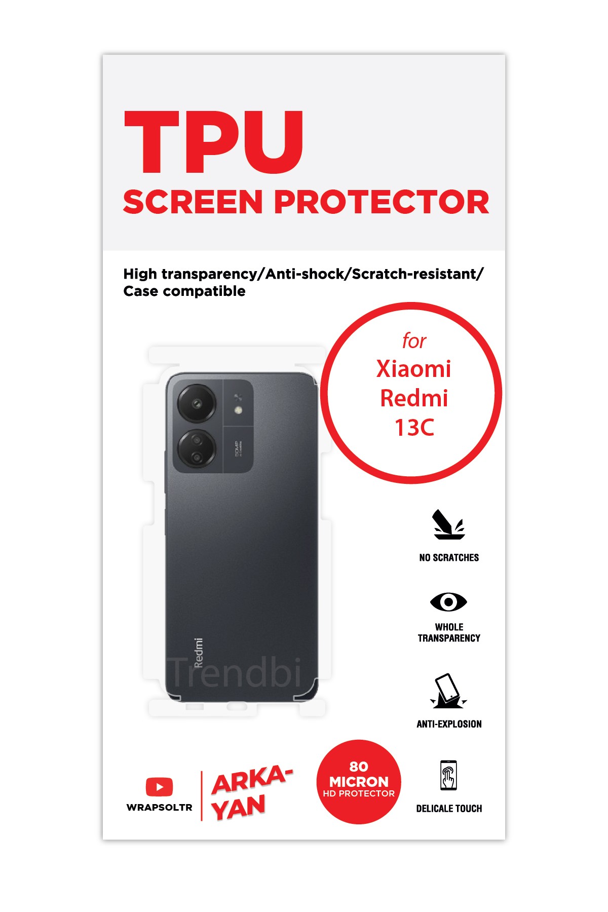 Xiaomi Redmi 13C - Arka/Yan Koruyucu Parlak Şeffaf TPU Film (80 micron)