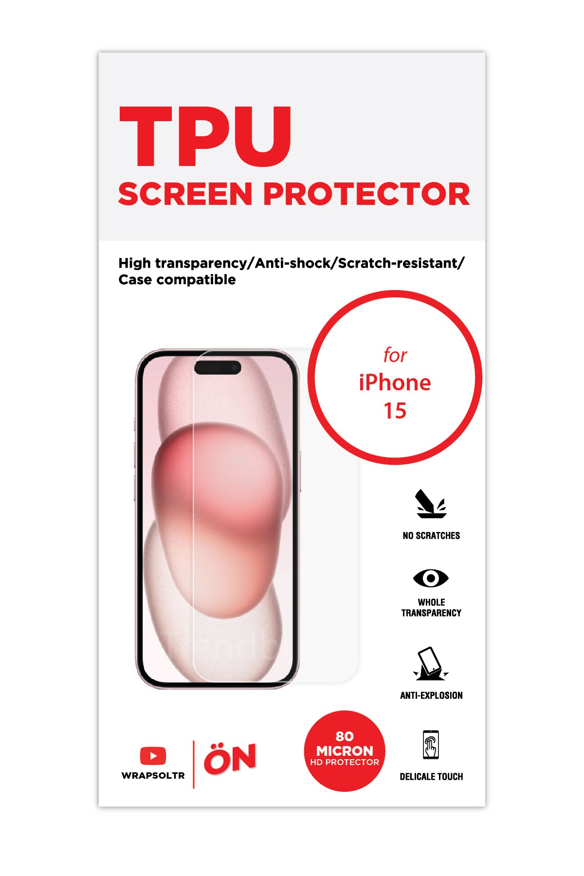 iPhone 15 - Ekran Koruyucu Parlak Şeffaf TPU Film (80 micron)