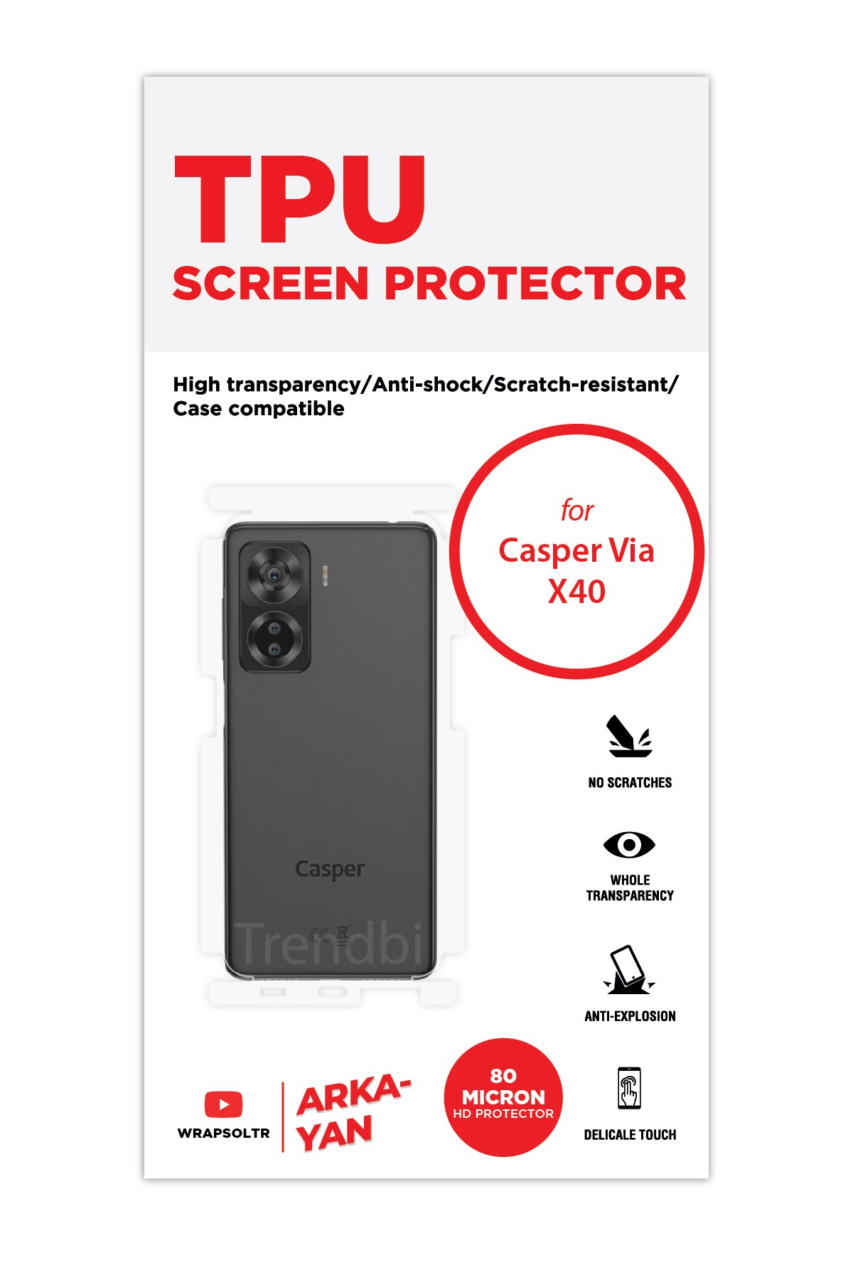 Casper Via X40 - Arka/Yan Koruyucu Parlak Şeffaf TPU Film (80 micron)
