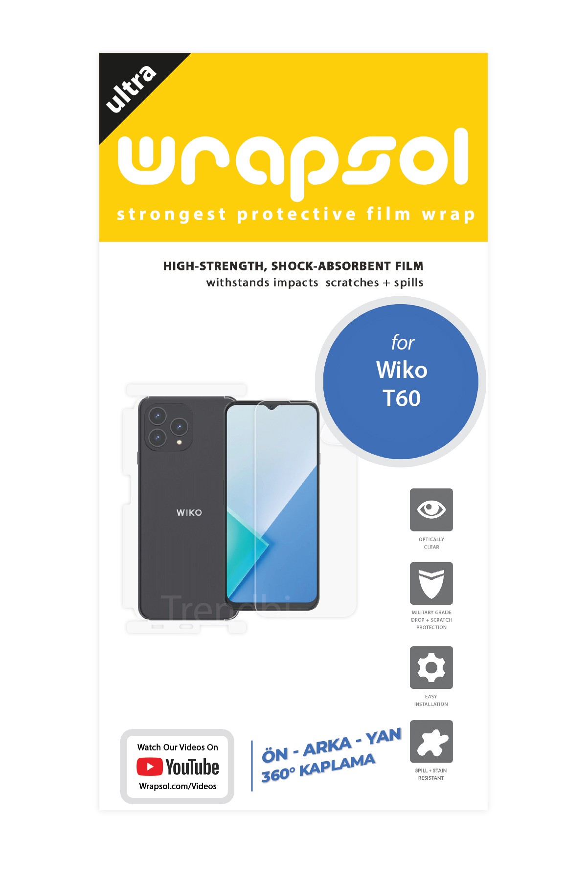 Wiko T60 - Fullbody Koruyucu Parlak Şeffaf Poliüretan Film (150 micron)