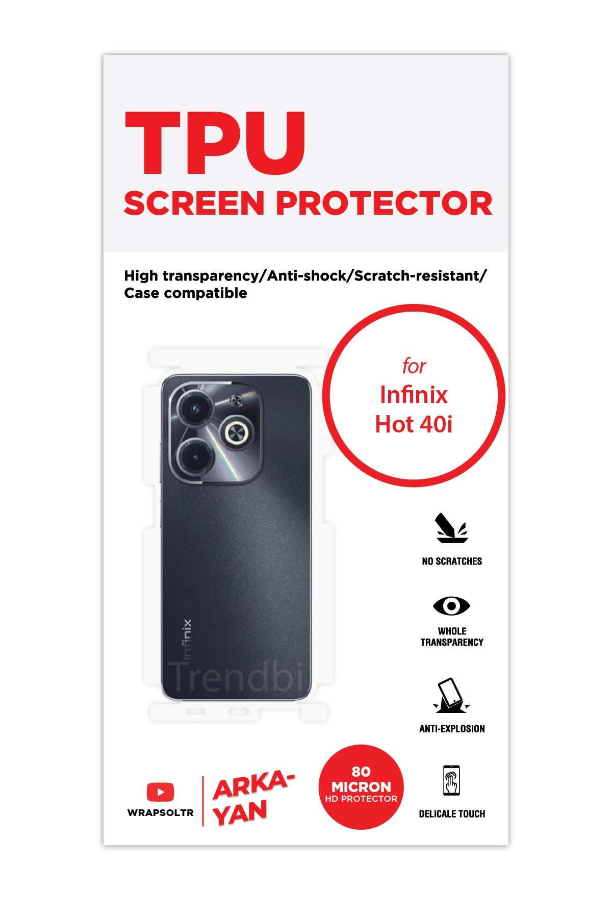 Infinix Hot 40I - Arka/Yan Koruyucu Parlak Şeffaf TPU Film (80 micron)