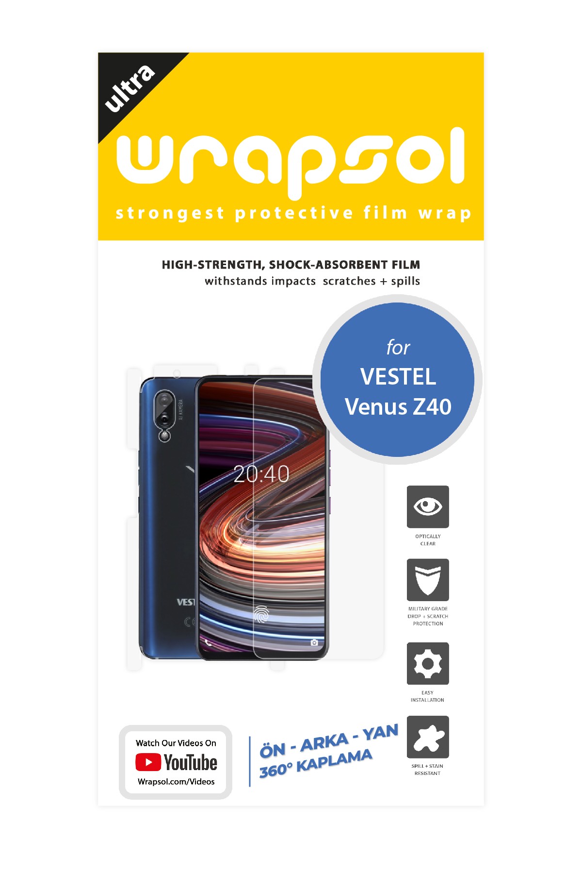 Vestel Venus Z40 - Fullbody Koruyucu Parlak Şeffaf Poliüretan Film (150 micron)