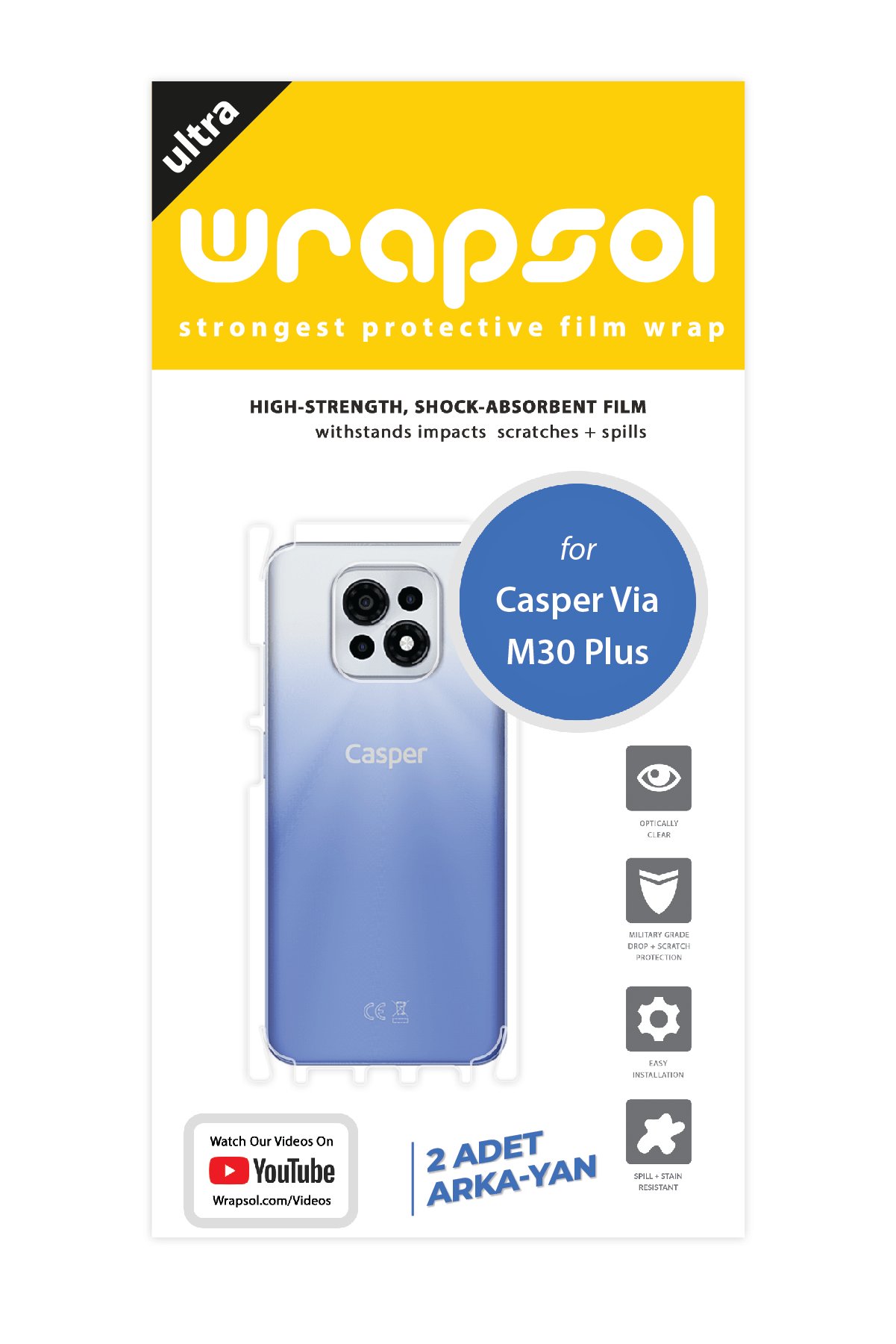 Casper Via M30 Plus - Arka/Yan Koruyucu Parlak Şeffaf Poliüretan Film (150 micron)