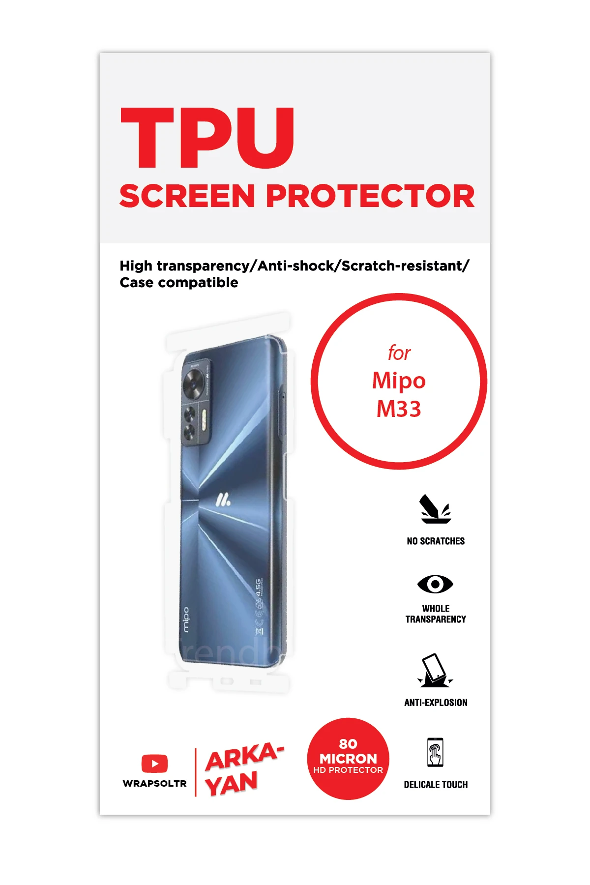 Mipo M33 - Arka/Yan Koruyucu Parlak Şeffaf TPU Film (80 micron)