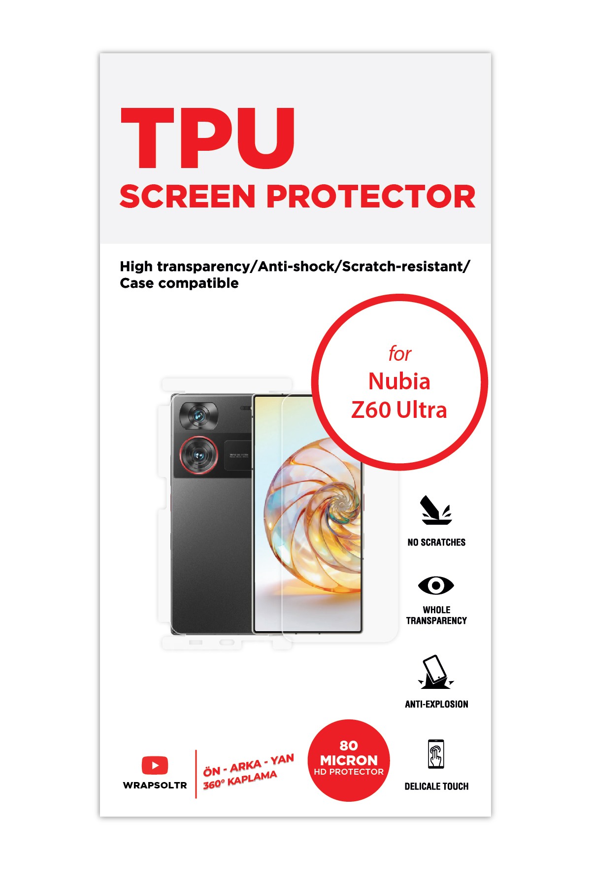 ZTE Nubia Z60 Ultra 5G - Fullbody Koruyucu Parlak Şeffaf TPU Film (80 micron)