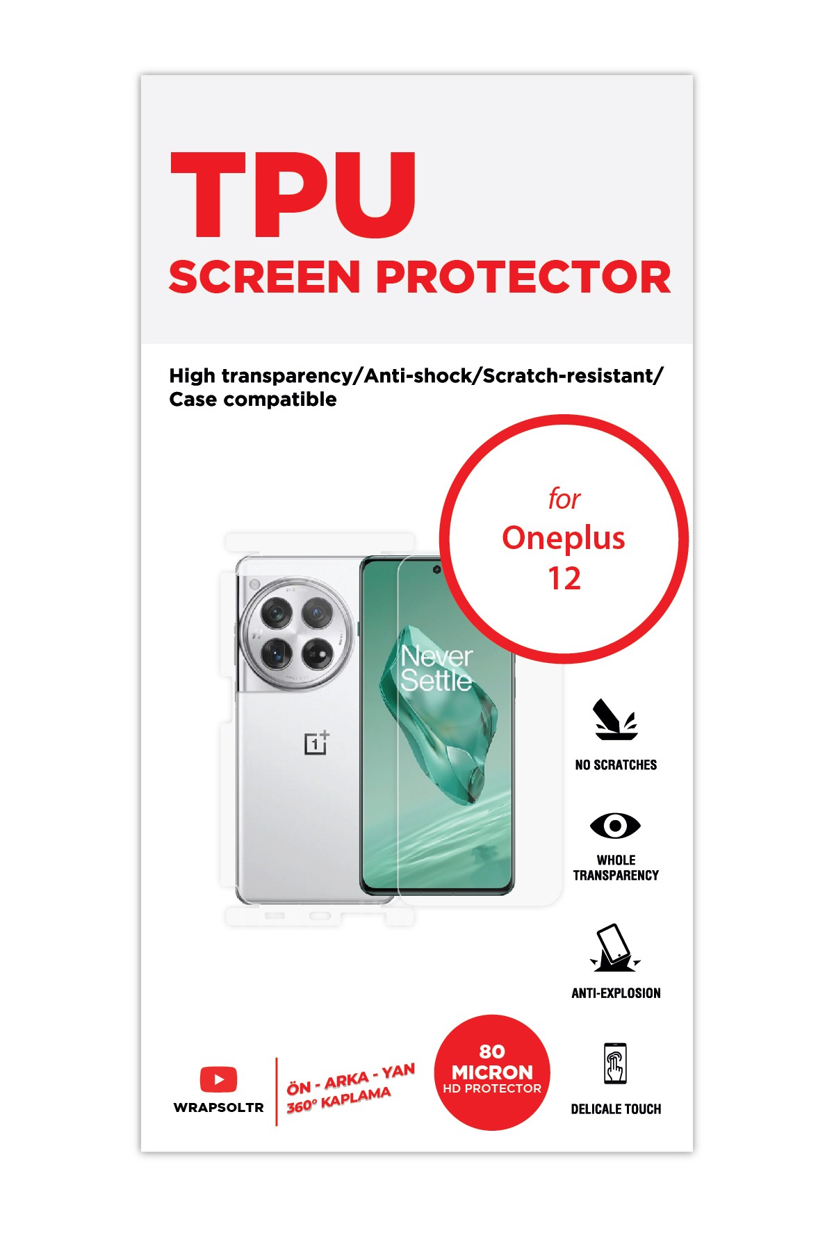 Oneplus 12 - Fullbody Koruyucu Parlak Şeffaf TPU Film (80 micron)