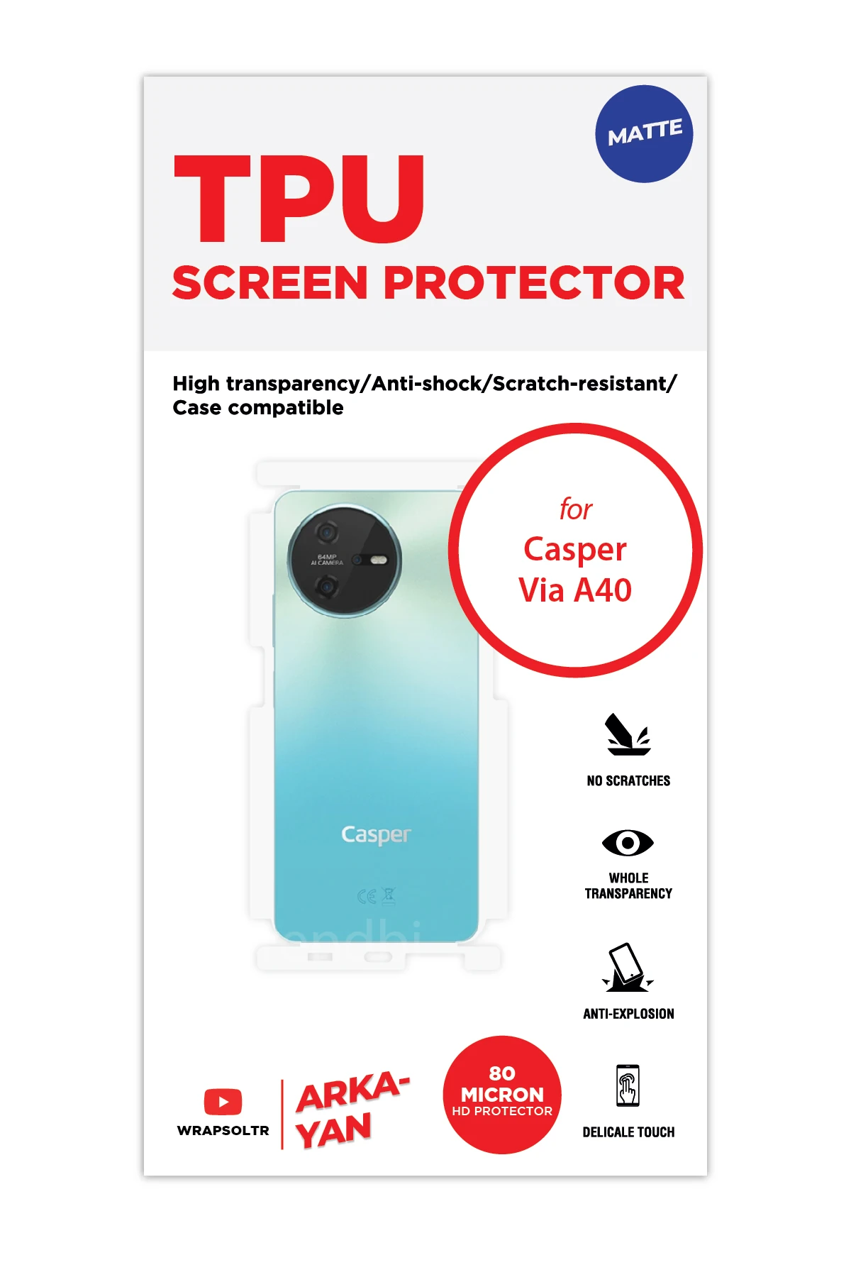 Casper Via A40 - Arka/Yan Koruyucu Mat TPU Film (80 micron)