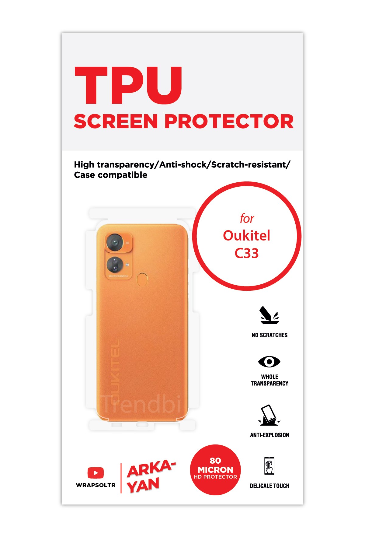 Oukitel C33 - Arka/Yan Koruyucu Parlak Şeffaf TPU Film (80 micron)