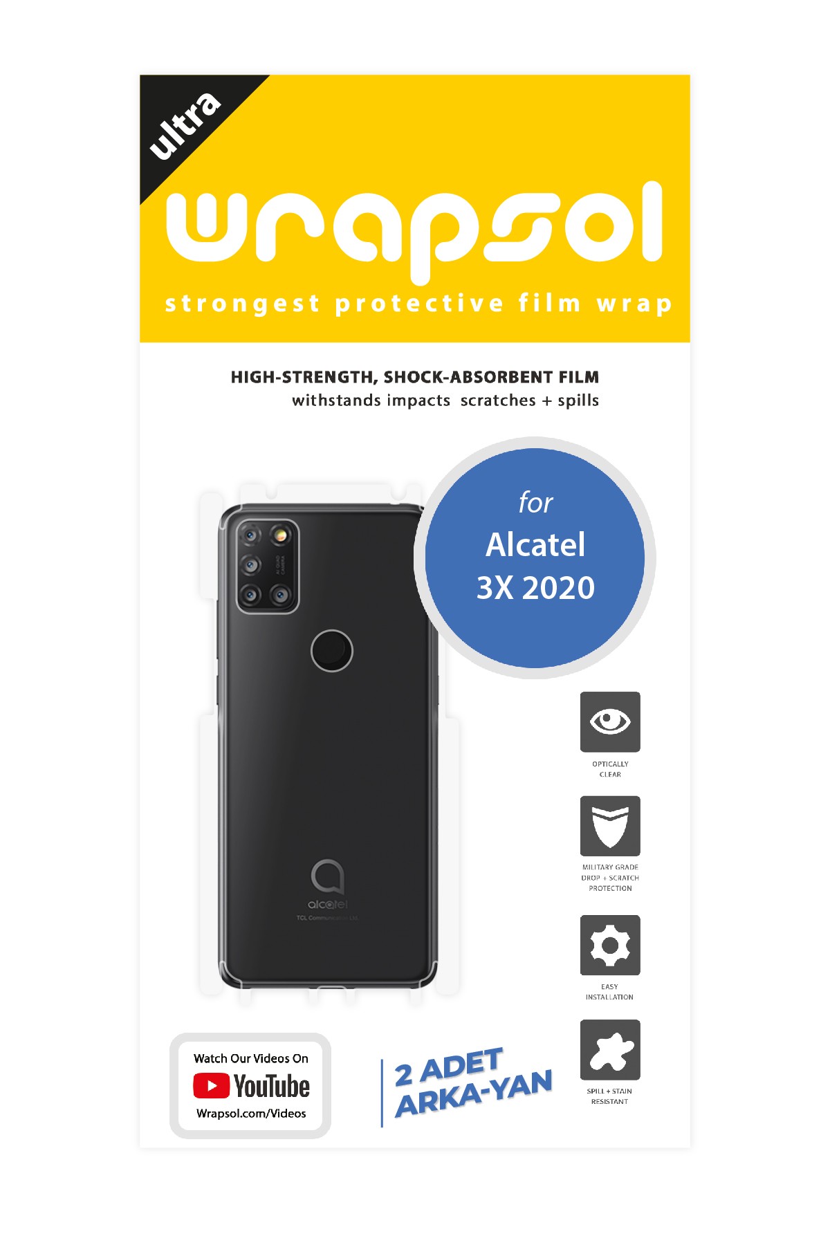 Alcatel 3X 2020 - Arka/Yan Koruyucu Parlak Şeffaf Poliüretan Film (150 micron)