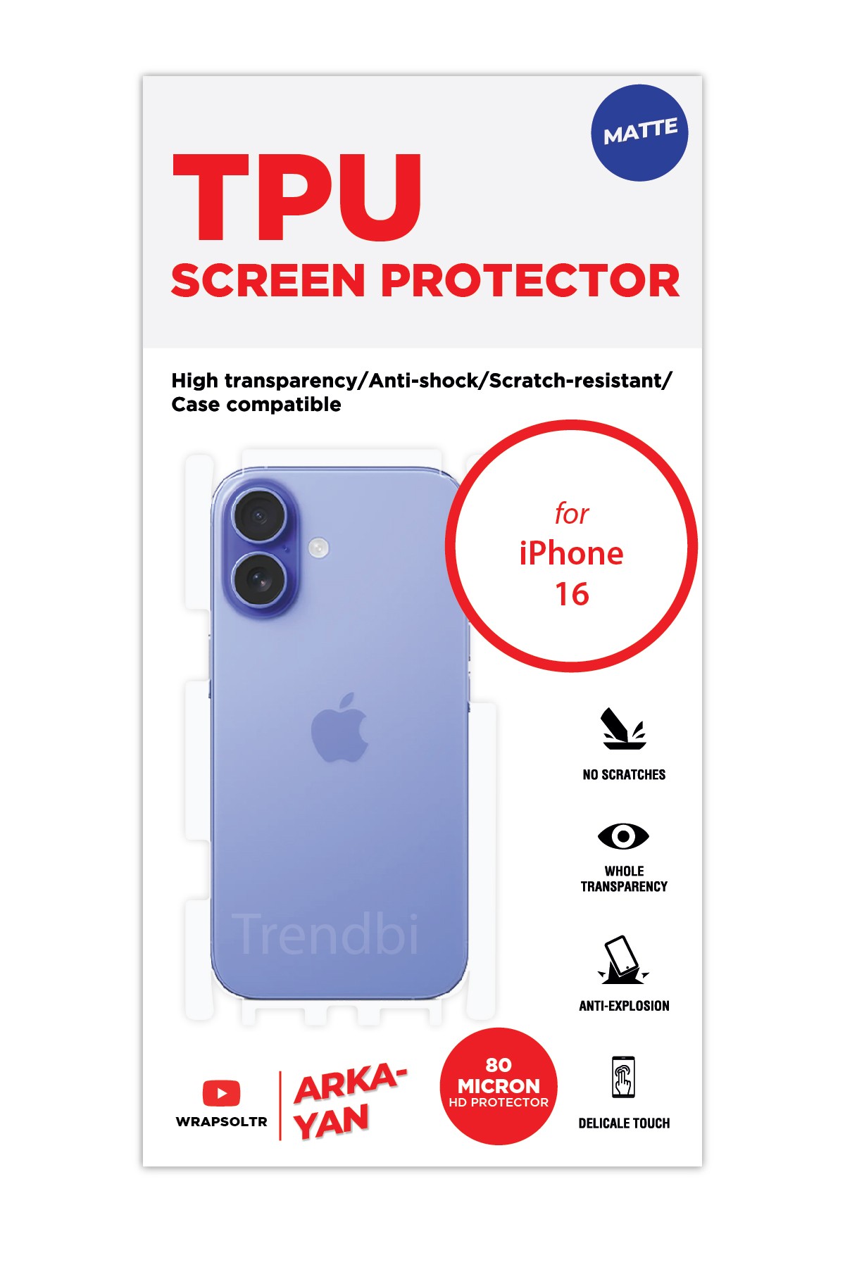 iPhone 16 - Arka/Yan Koruyucu Mat TPU Film (80 micron)